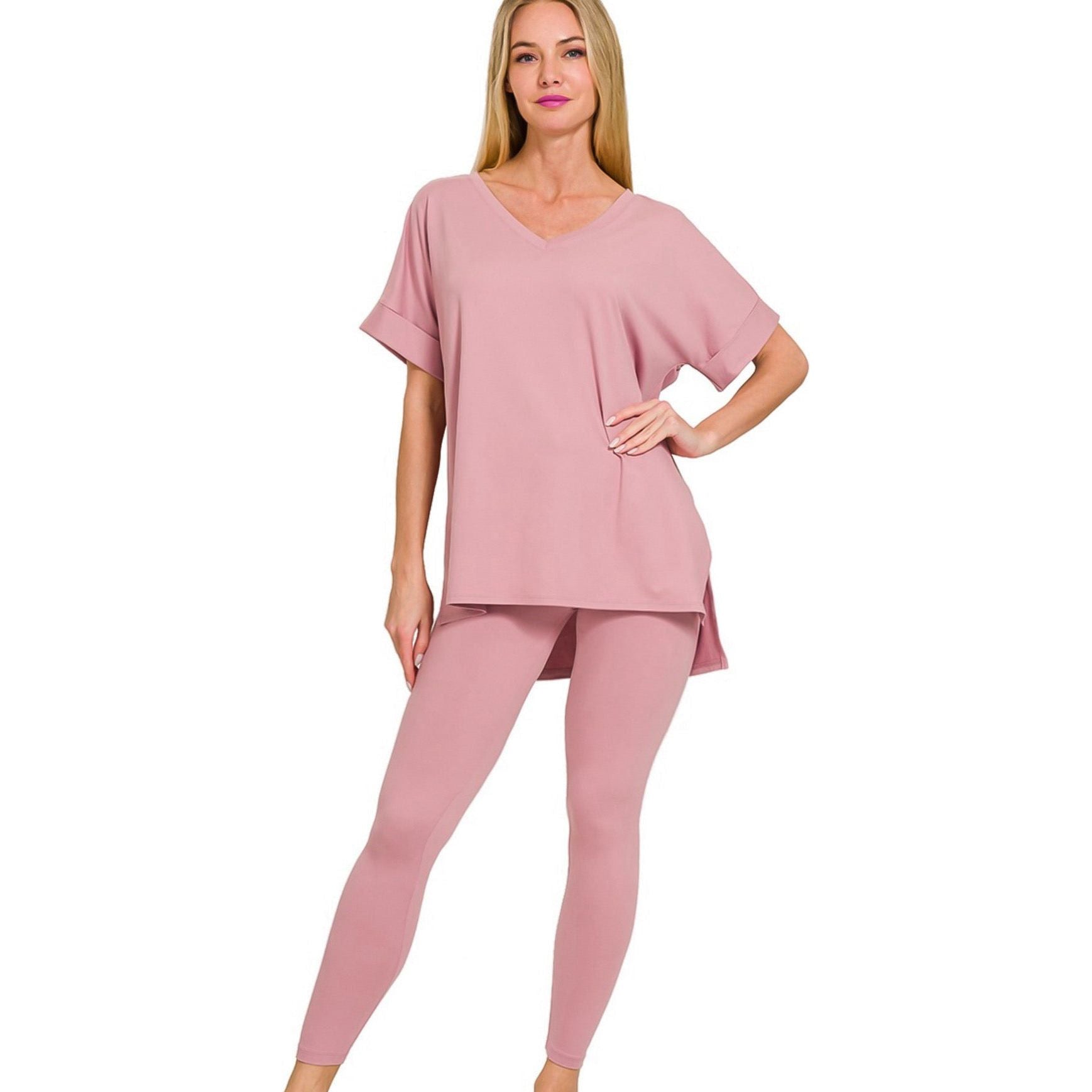 Snap Back V Neck Legging Set Rose