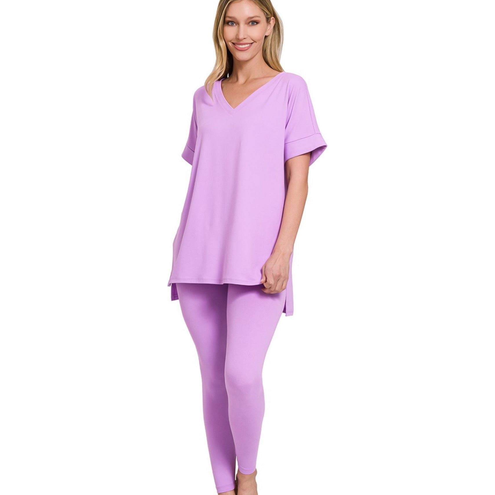 Snap Back V Neck Legging Set Lavender