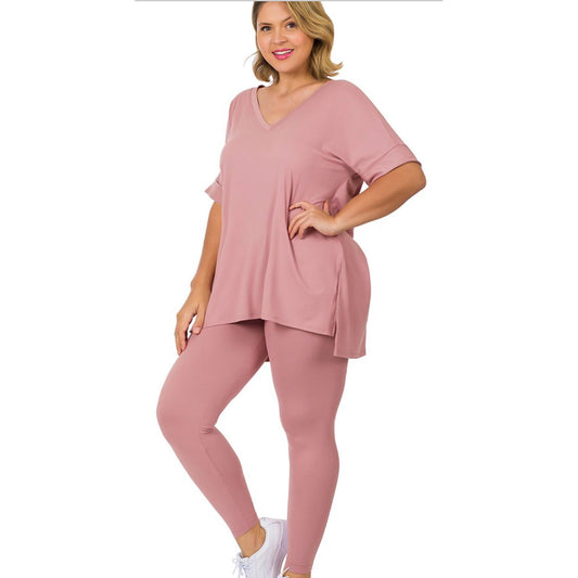 Snap Back V Neck Legging Set Rose