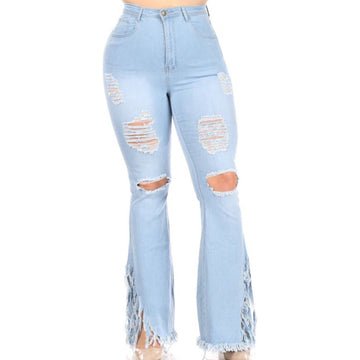 Frigidly Fringed Distressed Jeans (Curvy)Lt Denim